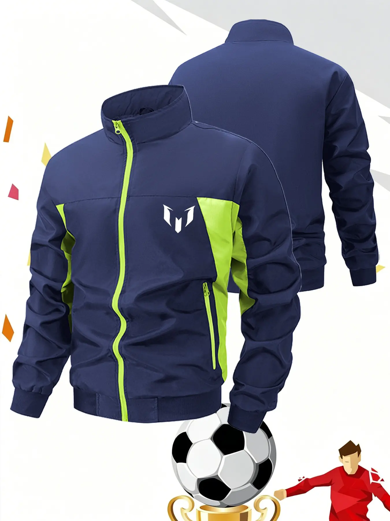 Men Contrast Panel Athletic Track Jacket Stand Collar Long Sleeve Full Zipper Soccer Training Running Outerwear Casual Outdoor Sports Fitness Coat Minimal Symbol Print