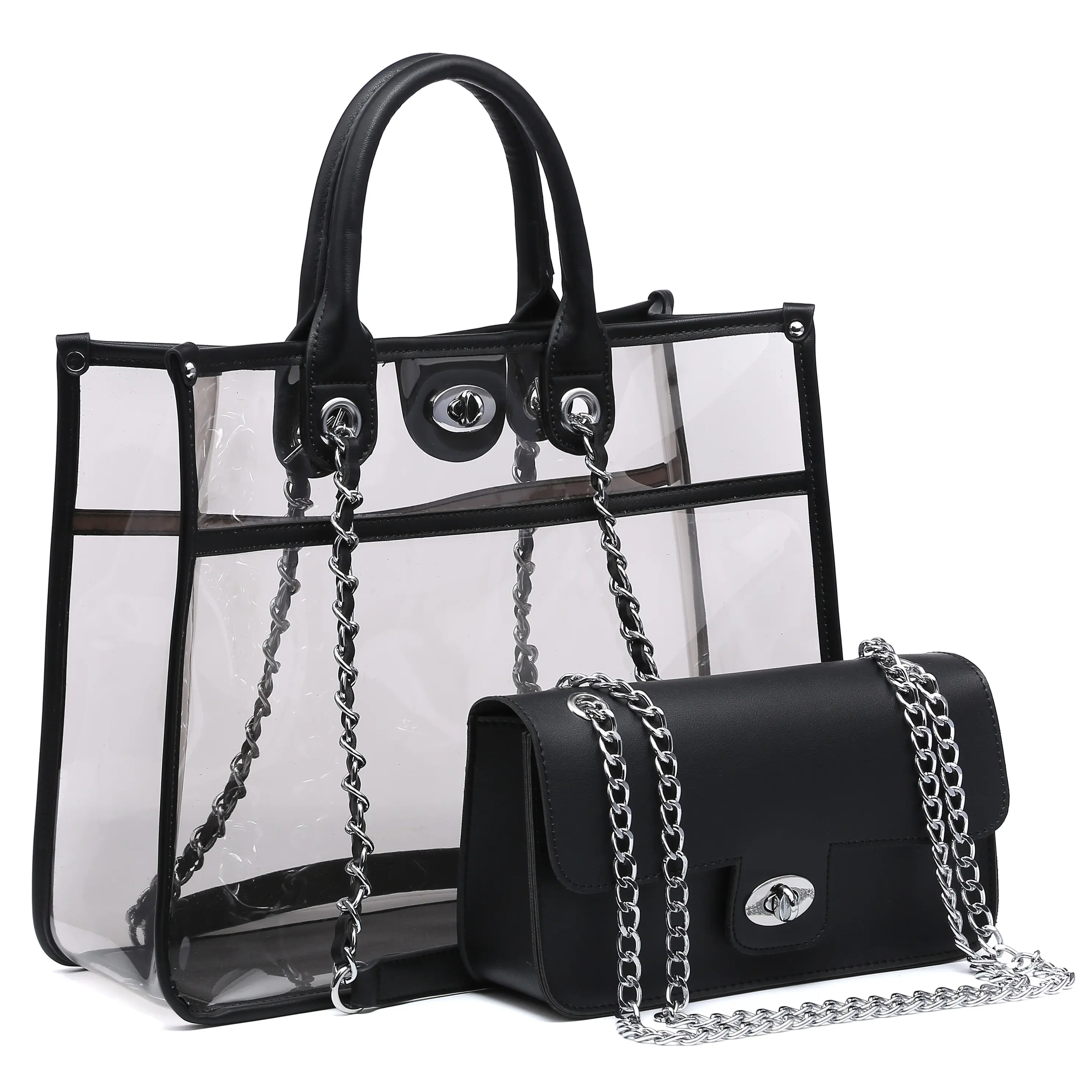 Large Clear Tote Bags for Women Stadium Approved Top Handle Transparent Purse for Work 2 in 1 PVC Shoulder Crossbody Bag