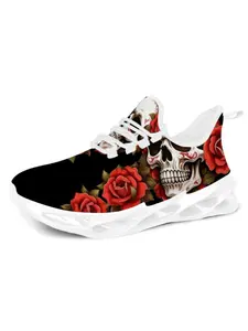 Unisex Rose Skull Retro Tattoo Sneakers, Dark Style Thick Sole Sports Shoes, Breathable Soft Elastic Casual Running Shoes