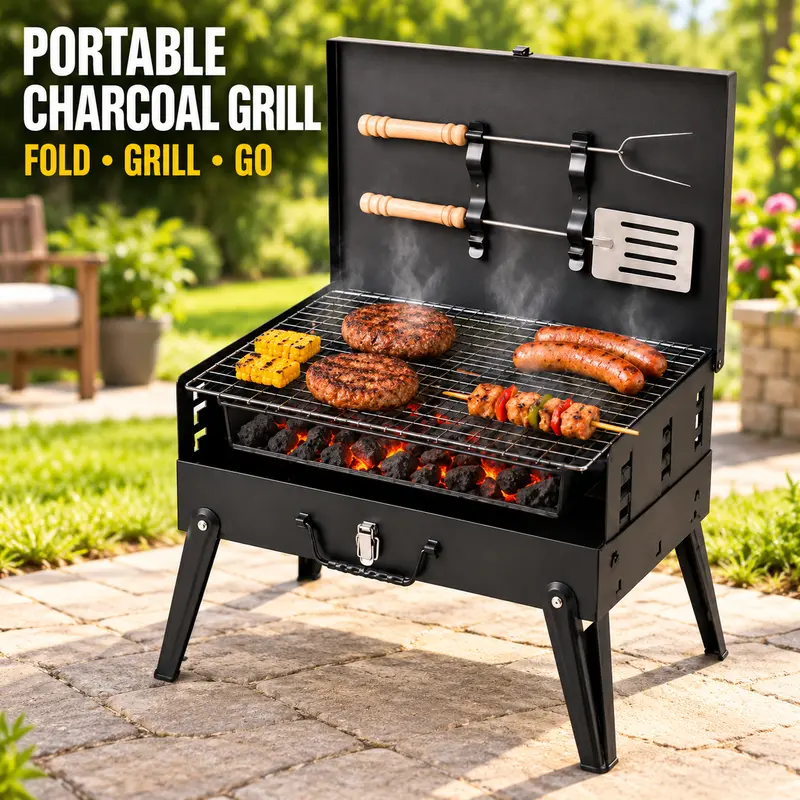 Collapsible Cast Iron Charcoal Grills BBQ - Portable Suitcase Design with Carry Handle, Adjustable Cooking Grate & BBQ Tools for Grilling Outdoor Cooking, Camping