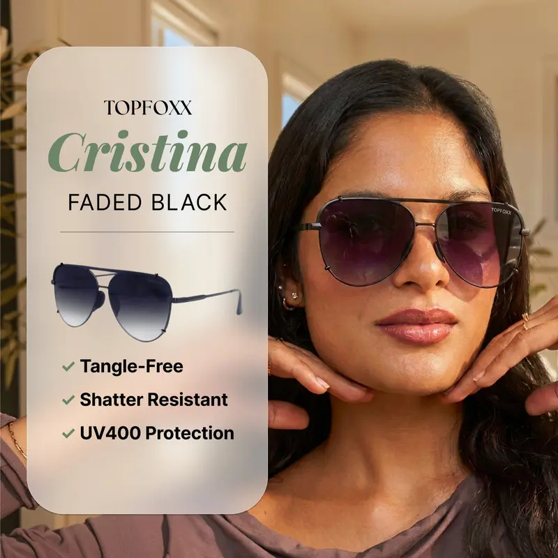 Cristina Faded Black Sunglasses | Tangle-Free Aviator Sunglasses with Shatter-Resistant Lenses & UV400 Protection - Fashionable Eyewear for Outdoor & Casual Everyday Wear - Unisex Eyewear Fashion Accessory