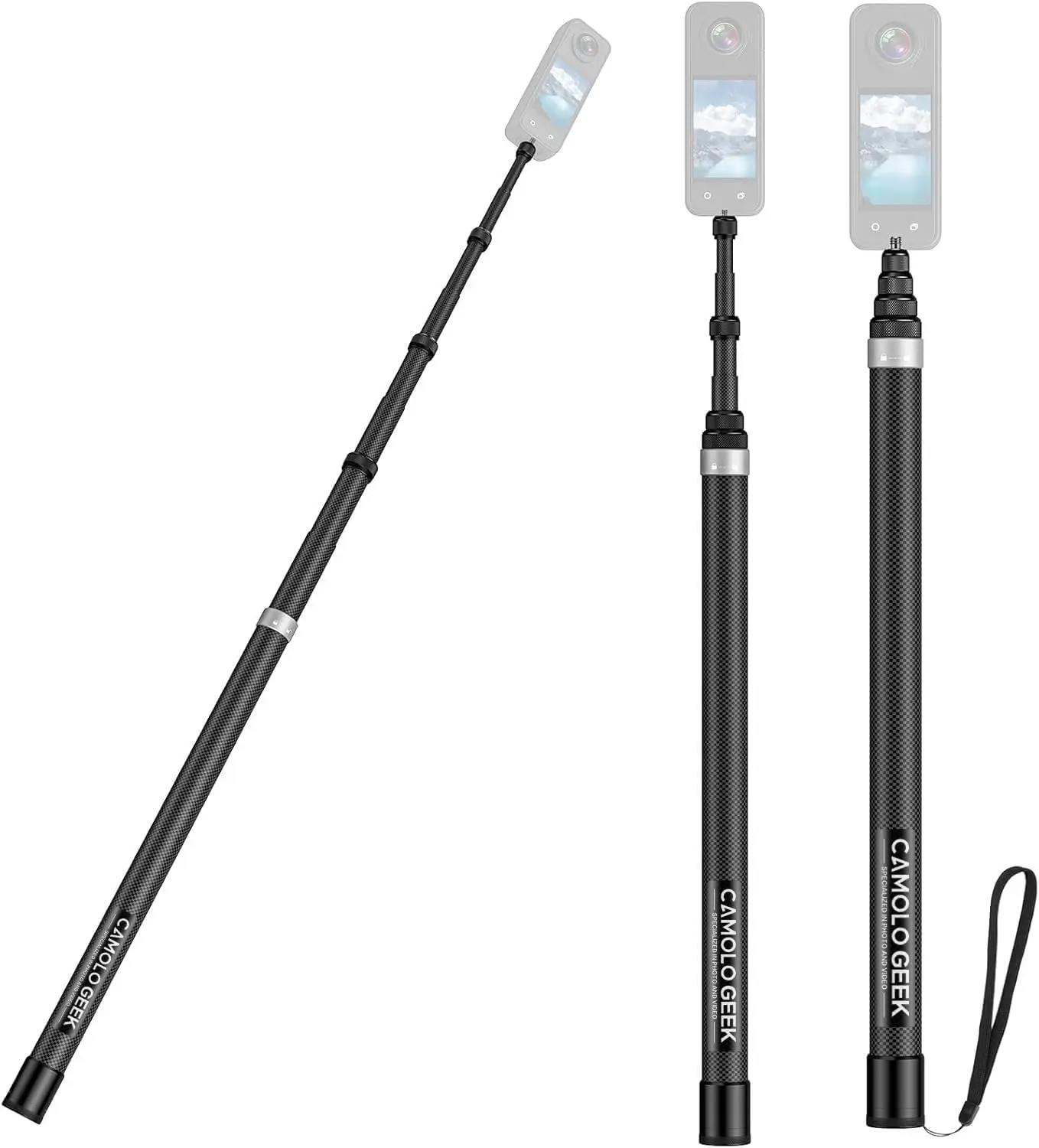 CAMOLO Carbon Fiber Invisible Selfie Stick with Automatic Invisible Function, Standard Mount, TY903B Model & Protective Bag, 17-118in (3.0m/9.8ft) Extended Pole for Insta360 X4,X3,1 X2,R,X,GO 3S,3,2 & Action 360 Cameras