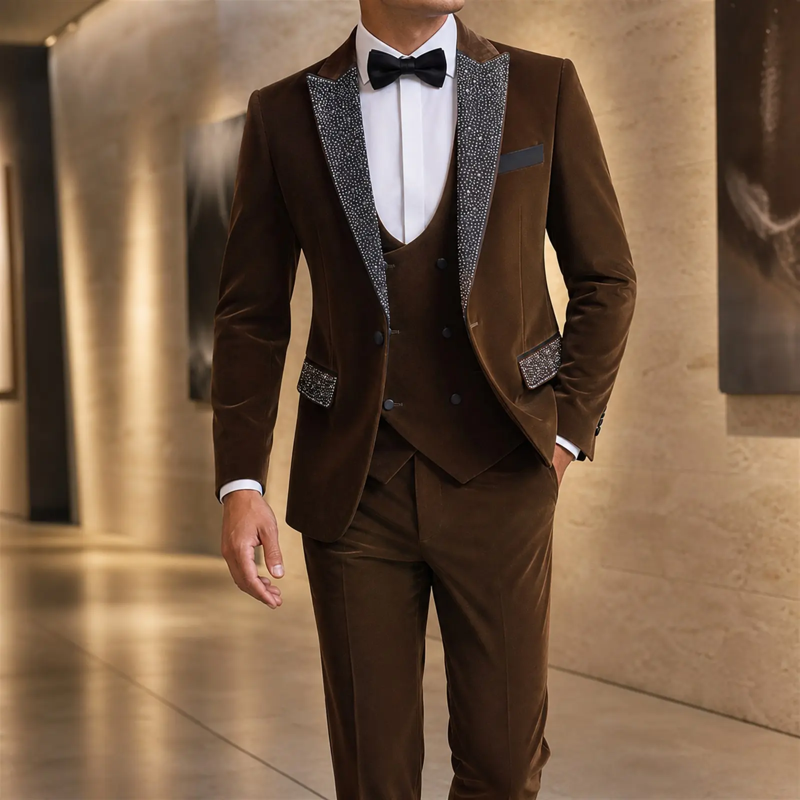 Men’s 3 Piece Tuxedo Set, Rhinestone Lapel Dinner Jacket with Double-Breasted Vest & Dress Pants, Formal Suit Set for Wedding Prom Party