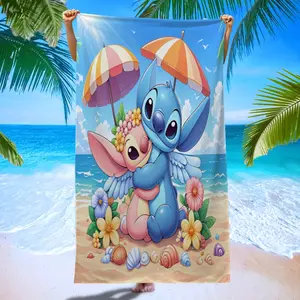 Stitch & Angel Beach Towel, Super Absorbent Microfiber Bath Towel, Reusable Sandproof Sunscreen Towel for Pool Party, Summer Outdoor Use