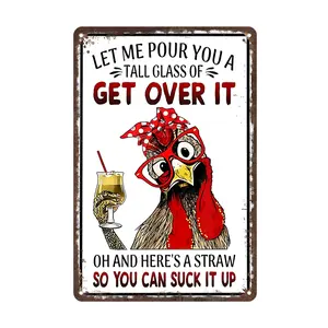 Funny Chicken Gifts Tin Sign - Let Me Pour You A Tall Glass Of Get Over It - 8x12 Inch Easy Hanging Decor for Home Farm Kitchen Garden Wall Room Decorative Door