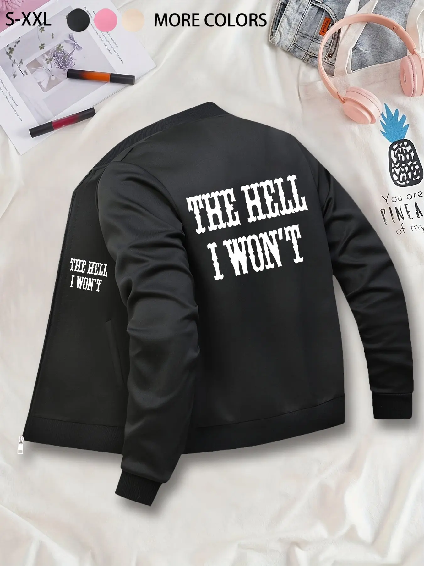 Personalized Trendy Letter Printed Baseball Jacket: Daily Street Fashion Outerwear, Zipper Design, Retro Style, Ultra-Comfortable Fit, Must-Have for Casual Outfits