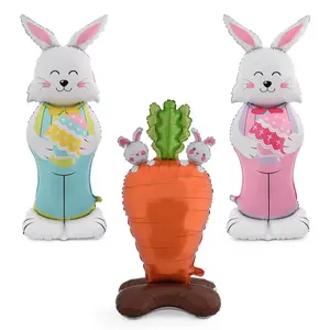 Easter Balloons Standing Bunny Balloons Carrot Rabbit Balloon With Base for Easter Day Party Supplies Decorations Farm Animal Cute Rabbit Shaped Foil Mylar Balloons Happy Easter Balloons Kits 3PCS