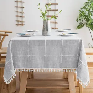 Cotton linen rectangular table cloth wrinkle resistant waterproof tablecloth washable farmhouse table cover with tassels for kitchen dining party 55x seats grey