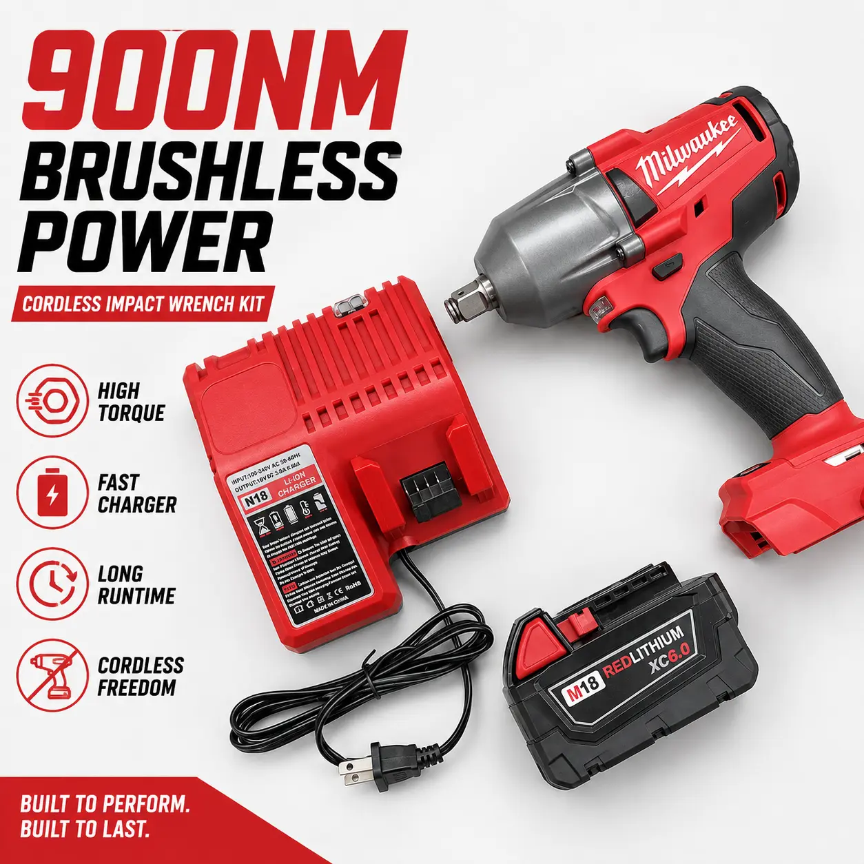 Milwaukee 18V Cordless Electric Wrench Brushless Impact Wrench 900N.M Torque 12.0Ah Battery & Fast Charger Kit for Professionals