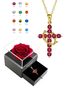 Crown Cross CZ 12-Color Birthstone Necklace With Rose Jewelry Gift Box, Gold Plated Colorful Crown Cross Pendant Necklace for Women, Faith Jewelry Gift for Wife Mom Girlfriend