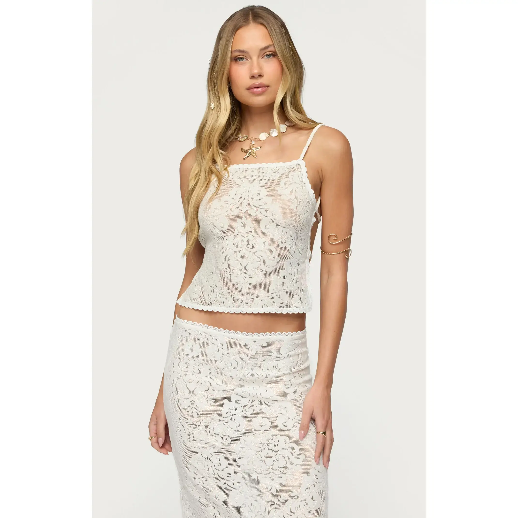 Edikted Women's Violette Sheer Lace Tie Back Top