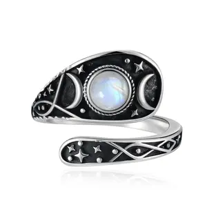 ixluck Natural Moonstone Spoon Rings,Adjustable Triple Moon Godness Jewelry for Women