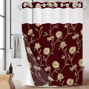 1pc hookless shower curtain with buckle lining, spring yellow floral design on red background, 2D flat printing, fabric waterproof lining, see-through double-layer shower curtain, 71 x 74 inches, modern home draping curtain.
