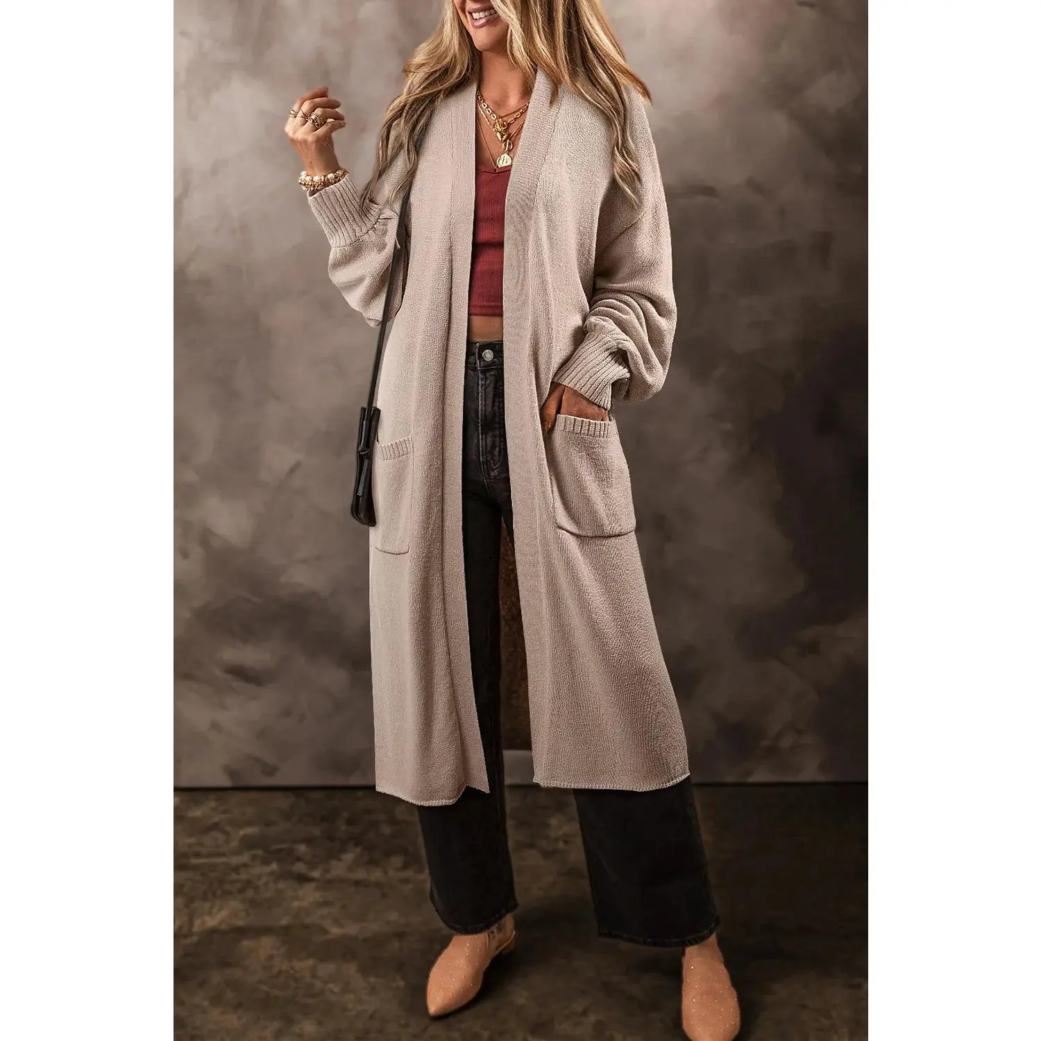 Pocketed Open Front Long Sleeve Cardigan