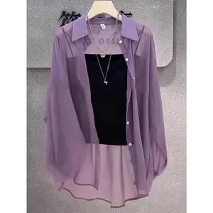 Solid Color Loose Button Front Shirt, Casual Sheer Long Sleeve Thin Shirt for Spring and Autumn, Women's Fashion Top Womenswear