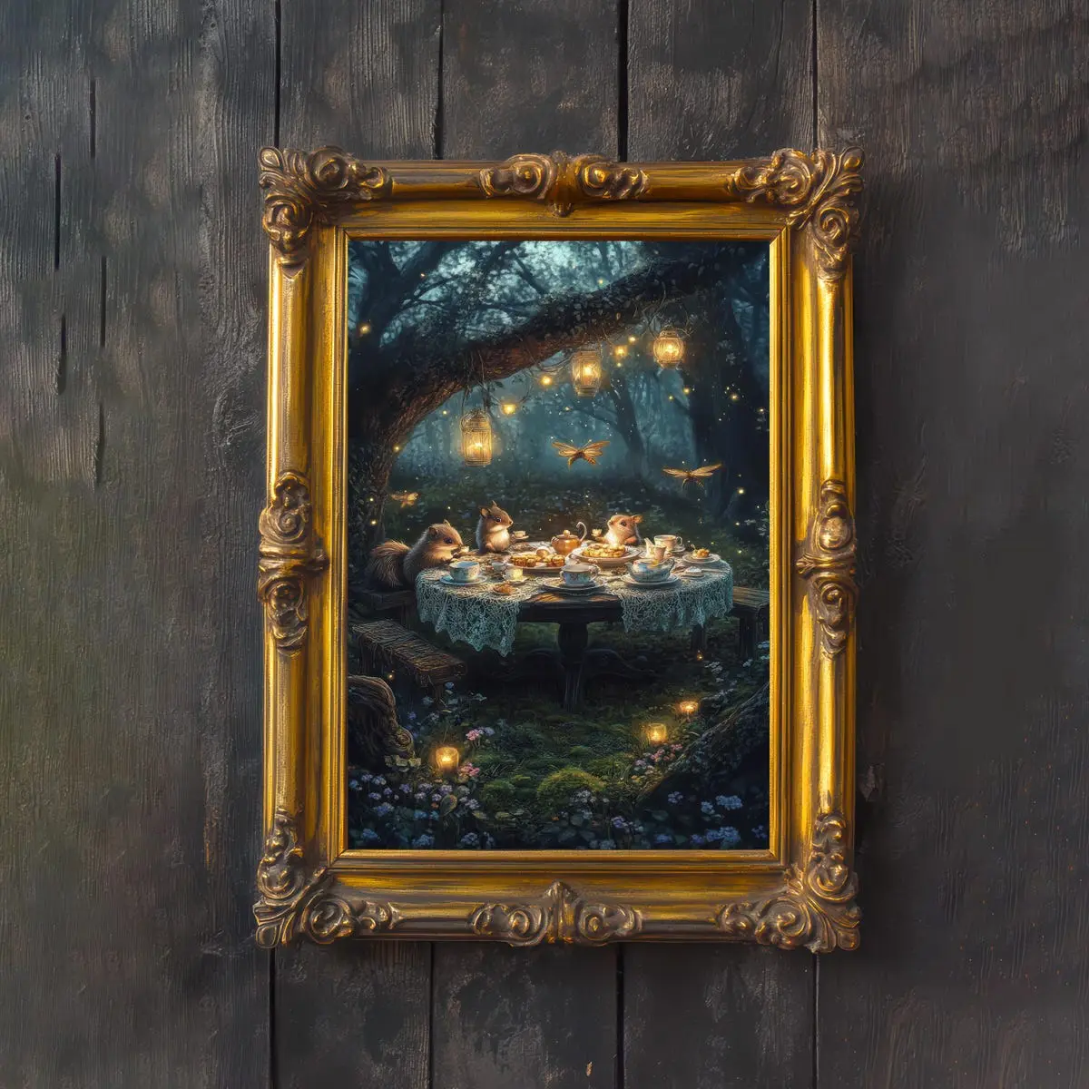Enchanted Animal Tea Party Wall Art, Vintage Woodland Cottagecore Poster, Whimsical Forest Illustration, Dark Academia Decor, 5 Size 8x12 to 27x40 inch, Room Decor, Unframed