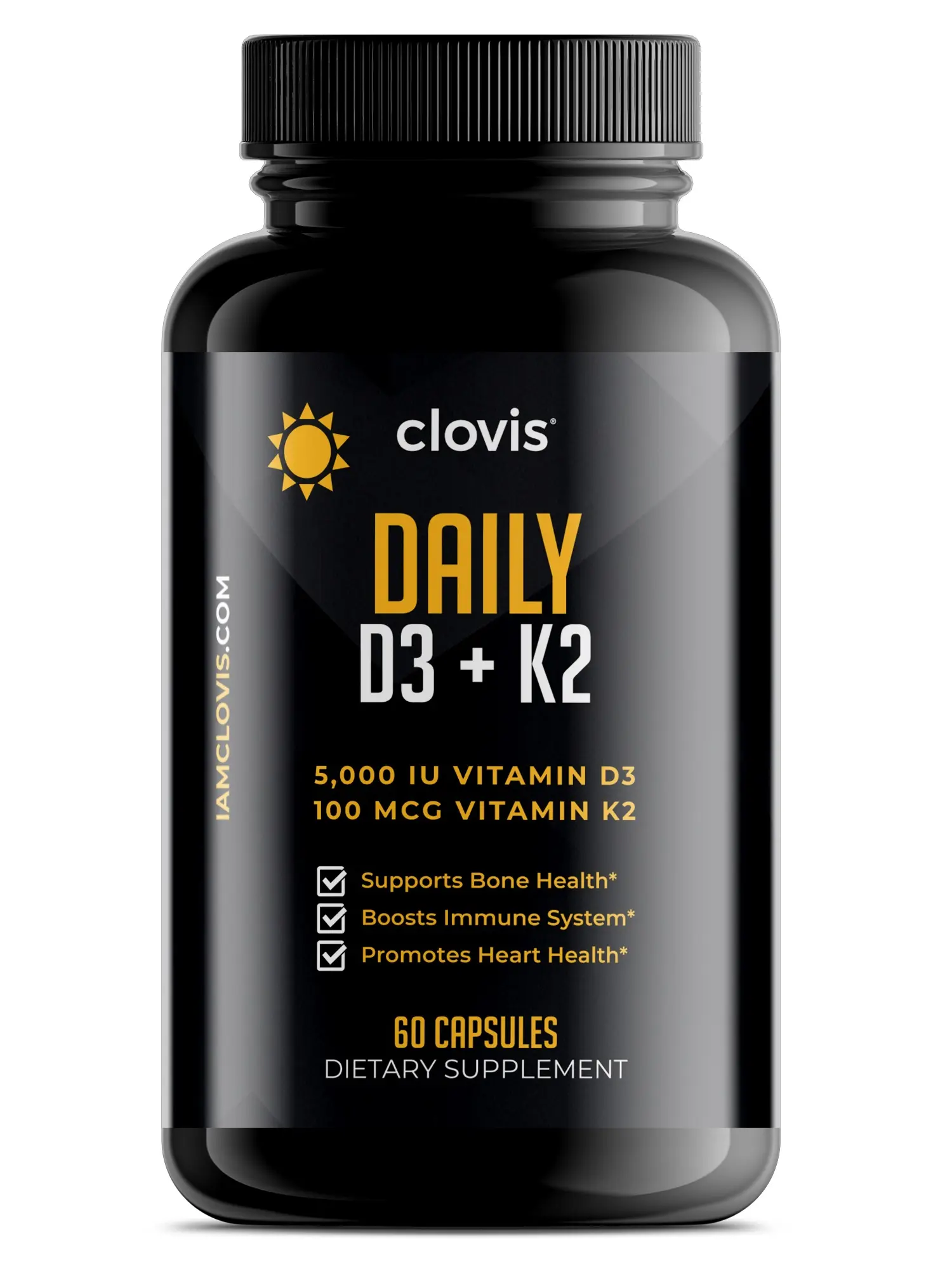 Clovis Daily D3 + K2 Capsules, Blend of Vitamin D3 + K2 support Bone Health - Dietary Supplement for Immune Support and Heart Health - 60 Capsules
