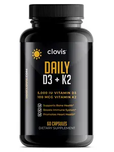 Clovis Daily D3 + K2 Capsules, Blend of Vitamin D3 + K2 support Bone Health - Dietary Supplement for Immune Support and Heart Health - 60 Capsules