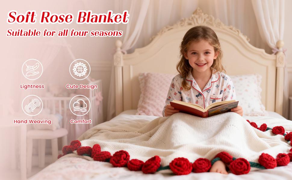 Finished Flower Bouquet Blanket, Handmade Crochet Flower Blanket, Soft Knitted Throw Rose Blankets, Romantic Gift for Birthday Wedding Valentine’s Day Mother's Day Christmas