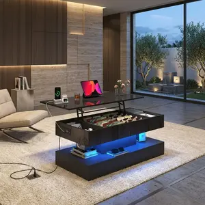 47.2 Inch Lift Top LED Coffee Table, High Gloss Marble Texture Living Room Center Table with USB Type-C Charging Station, Gas Strut Adjustable Height Multi-Layer Hidden Storage Rectangular Home Leisure Tea Table