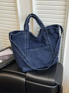New Korean Style Vintage Denim Tote Bag for Women, Stylish Tote Bag, Large Capacity Shoulder Bag with Zipper, Casual Travel Beach Shopping Bag