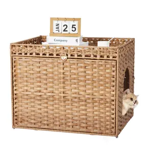 Garvee Hidden Cat Litter Box Enclosure Furniture made of Handwoven Rattan, featuring a Large Indoor Cat House with Mat and Fence, designed as Stylish Cats Washroom Furniture for Living Room or Apartment