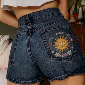 Trend Fashion Women High Waist Casual Short Jeans Shorts Denim Pant Trousers Floral Sun Embroidery Regular Pockets Vintage Aesthetic Streetwear Elegant Splice Pants