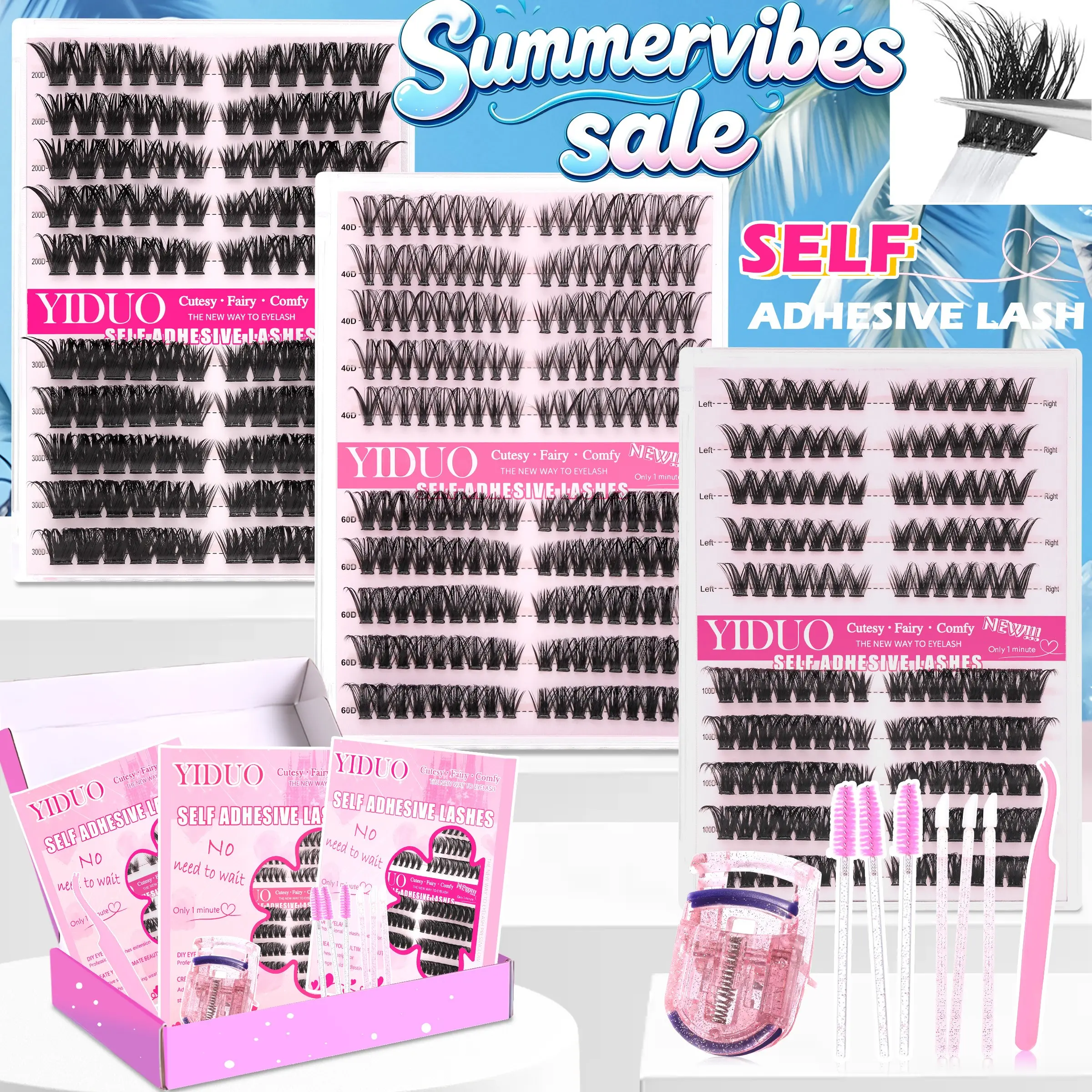 YIDUO 6 Styles Cat Eye Self-Adhesive Lash Clusters Kit, Diy False Eyelashes, Pre-Separated Left & Right 40D+60D Press-On Lashes, C/D Curl Pre-Glued Glue-Free, Glueless Lashes Clusters, 1-Minute Easy DIY Eyelash Extensions Kit, Individual Lashes Clusters