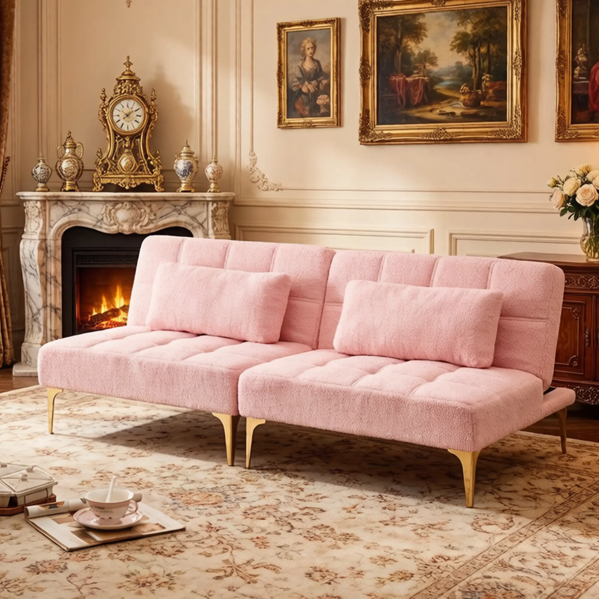 71”Convertible Loveseat Sofa with 2 Throw Pillows, Adopt Teddy Fabric and Gold Metallic Legs, Cloud Deep Seat Couch for Living Apartment Room of Bedroom (Pink)