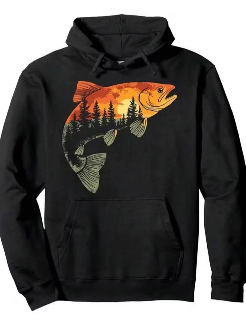 Trout Forest Sunset Nature Graphic Hoodie, Vintage Fishing Outdoor Hooded Sweatshirt