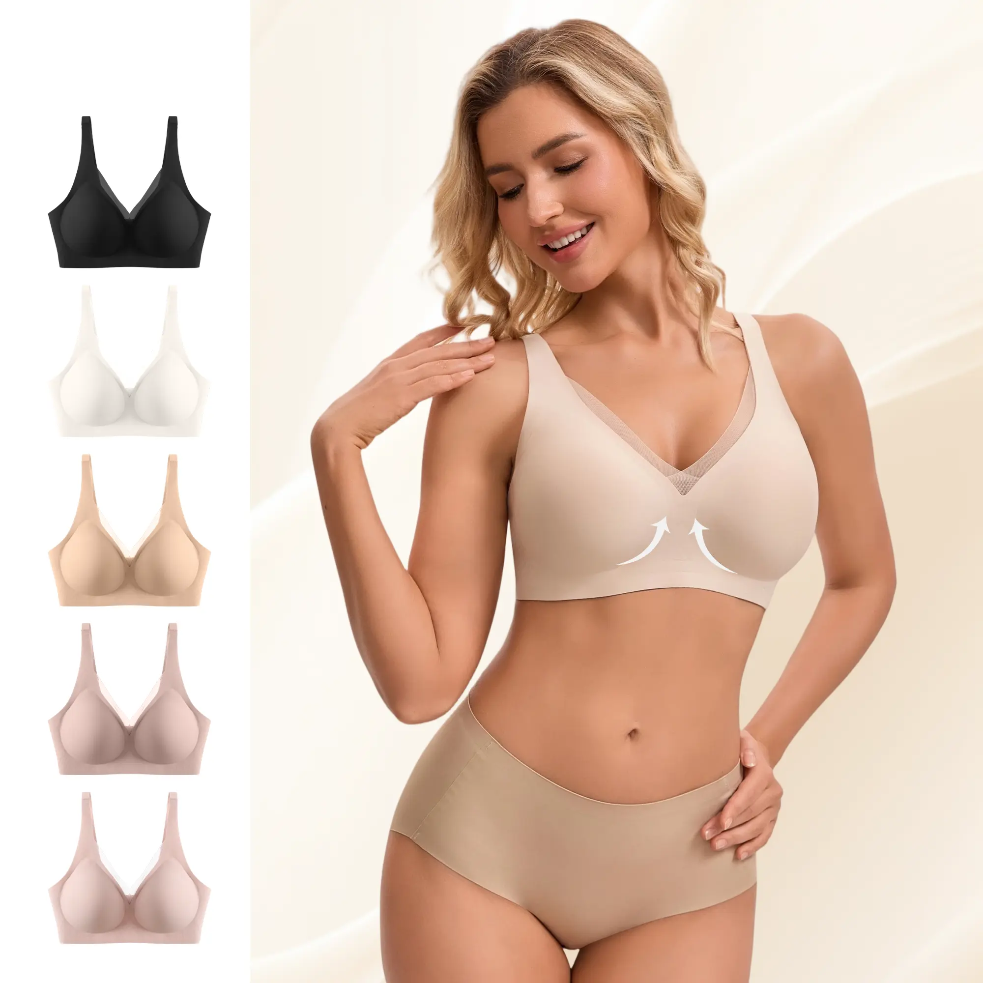 Women's New Seamless Jelly Strip Bra - 1-Piece Molded Wire-Free, Side Breast Gathering, Anti-Sagging Support, Detachable Straps, Machine-Washable Daily Basic Underwear