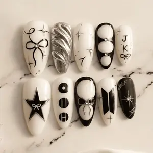 jasonj.nail Black White Minimal Idol Press-On Nails, Graphic Star and Ribbon Detail with Chrome Accent, Glossy Contrast Design, Modern Kpop Aesthetic, Trendy Nail Art, Custom Handmade Set