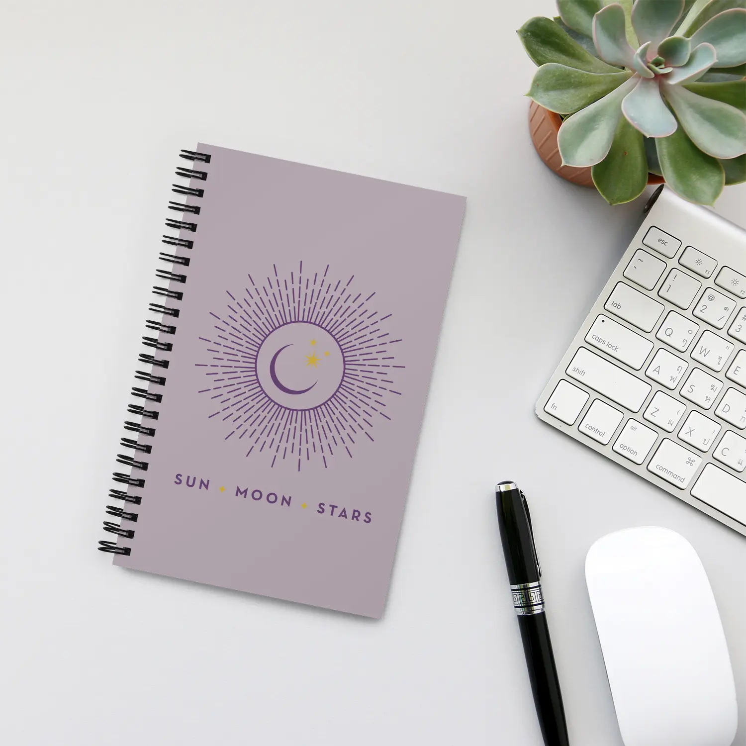 Sun Moon Stars Blank Spiral Notebook - Personalized Journal with Soft-Touch Cover for Ideas and Aspirations