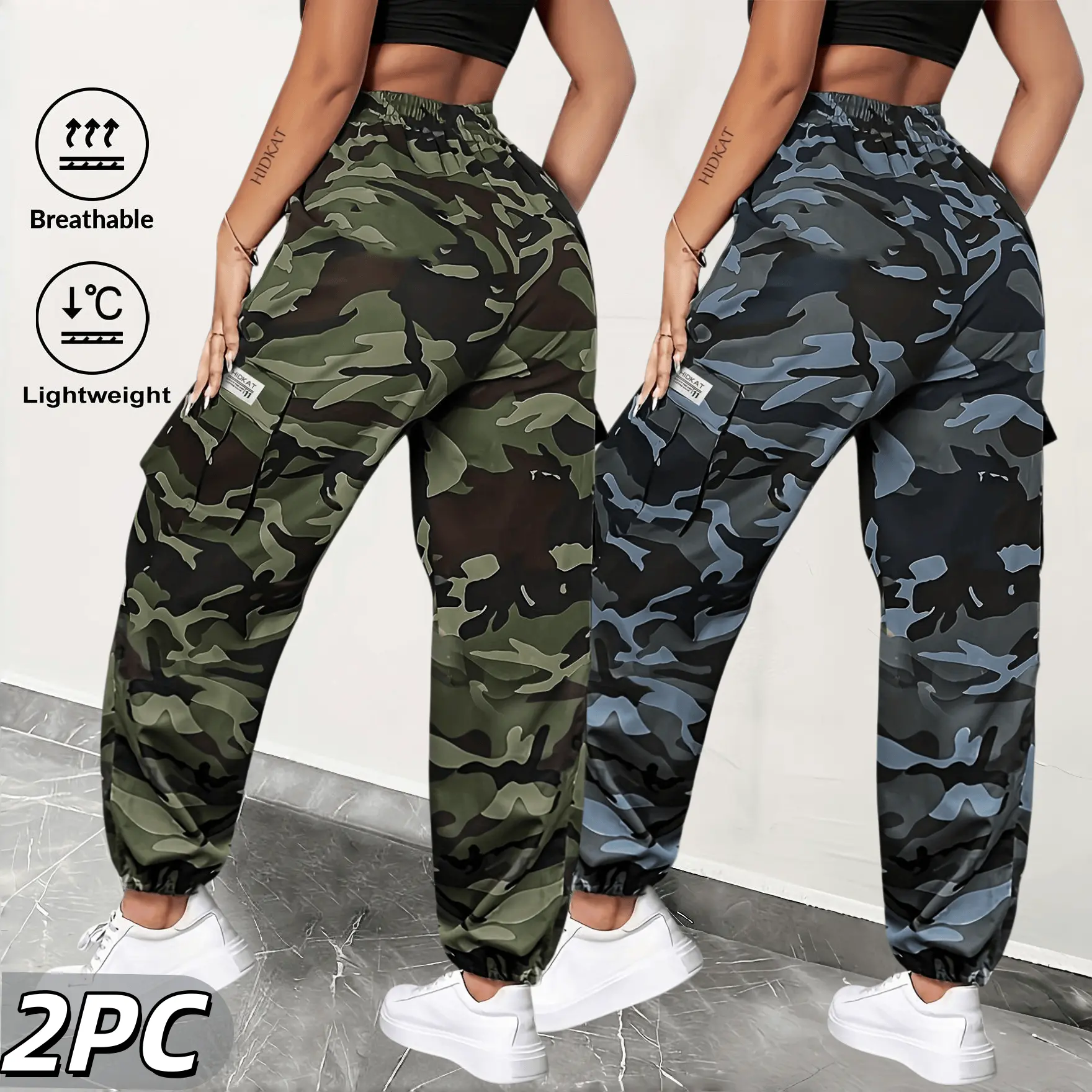Women’s 2-piece camouflage workwear set: jogging pants and high-waisted elastic drawstring camouflage pants; lightweight street-style workwear pants with pockets.