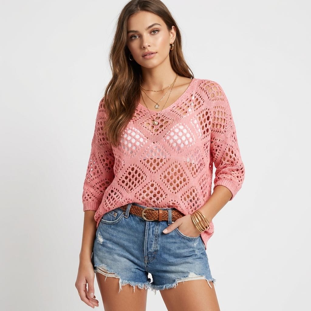 Boho Crochet Knit Hoodie V-Neck Top for Women - Y2K Aesthetic Summer Open Knit Sweater Batwing Sleeve Hollow Out Casual Beach Cover Up Resort Wear Khaki Tan Knitwear Oversized Fit Juniors Cottagecore - Plus Size Friendly