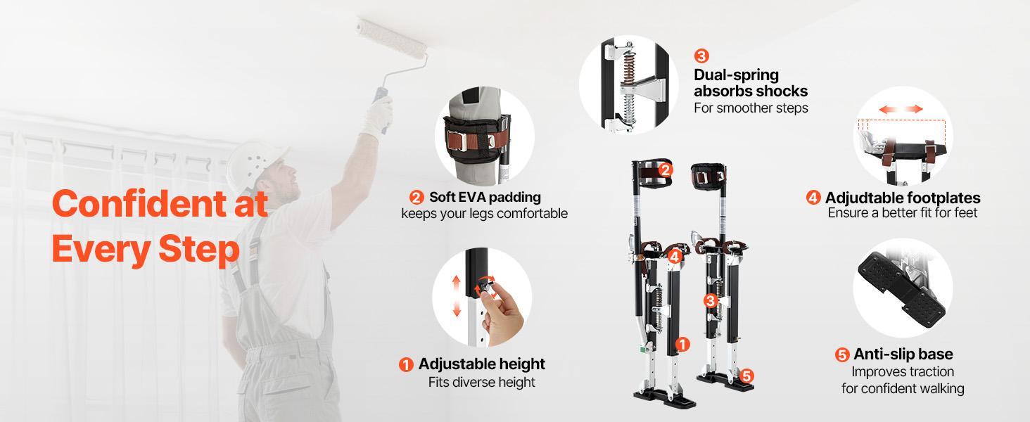 VEVOR Adjustable Height Drywall Stilts - 19.1-31.1 in Aluminum Drywall Tools, 228 lbs Load Capacity, Non-Slip Rubber Feet, Dual Spring Shock Absorb, Comfortable Leg Straps, Oxford Fabric Components, 3 Levels Heel Brackets, for Painters, Black#BackToSchool