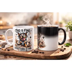Color-Changing Blue Heeler Mug – "This Is Fine, Everything Is Fine" Funny Australian Cattle Dog Coffee Cup, 11oz