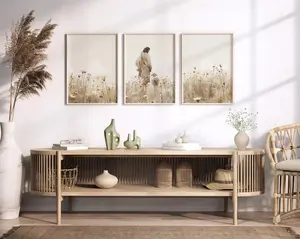 Jesus & Lost Sheep on a Wild Flower Field, Set of 3, LDS Print Decor, Beige Bible Prayer, Christian Faith Shepherd, God Follower