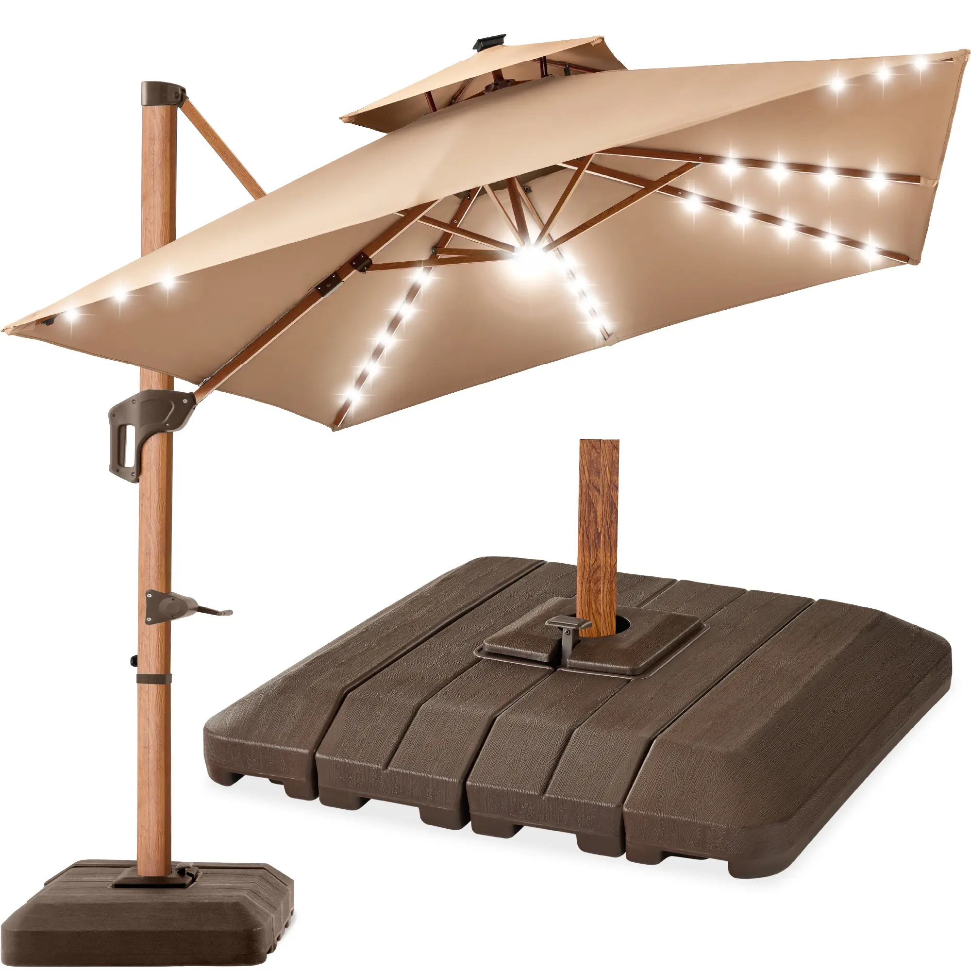 Best Choice Products 10ft Square Woodgrain Pattern 2-Tier Outdoor Solar LED Cantilever Umbrella w/ Base Best Choice Products 10ft Square Woodgrain Pattern 2-Tier Outdoor Solar LED Cantilever Umbrella w/ Base