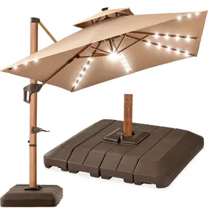 Best Choice Products 10ft Square Woodgrain Pattern 2-Tier Outdoor Solar LED Cantilever Umbrella w/ Base