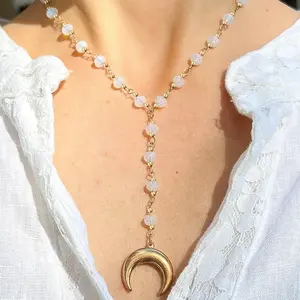 1PC Dainty Boho Moon Phase Choker Necklace, Gold Tone with Milky White Cracked Beads, Crescent Horn Pendant, Minimalist Celestial Jewelry for Women, Perfect for Beach, Festival, Wedding & Everyday Wear, Ideal Gift for Her Birthday, Mother's Day y2k