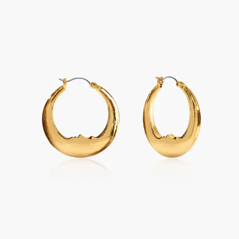 en route 18K Gold Plated Luna Earrings in Gold, Artful Carved Face Crescent Silhouette, Solid Weighty Feel, Whimsical Celestial Fairycore Style, Perfect for Mystical Daily Wear