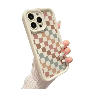 Beige Iphone Cover - Vintage Multicolored Checkered Pattern, Handcrafted, Fits Models 11-17Pro Max Plus  for Iphone Models17 16, 15 Pro Max, 14 Plus, 13, 12, 11, XS, XR, X, 7, 8, SE