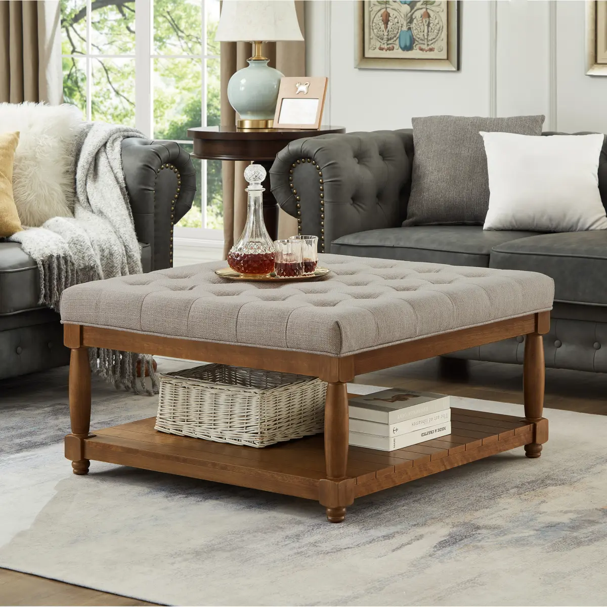 Square Shape Linen Upholstered Tufted Ottoman Coffee Table - 33.5"l x 33.5"w x 18"h, Nail Trim, 300 lbs Capacity, Solid Wood Shelf, Durable Wooden Legs, Footrest Seat, Restaurant-Ready, Indoor Use, Effortless Assembly in 5 Minutes