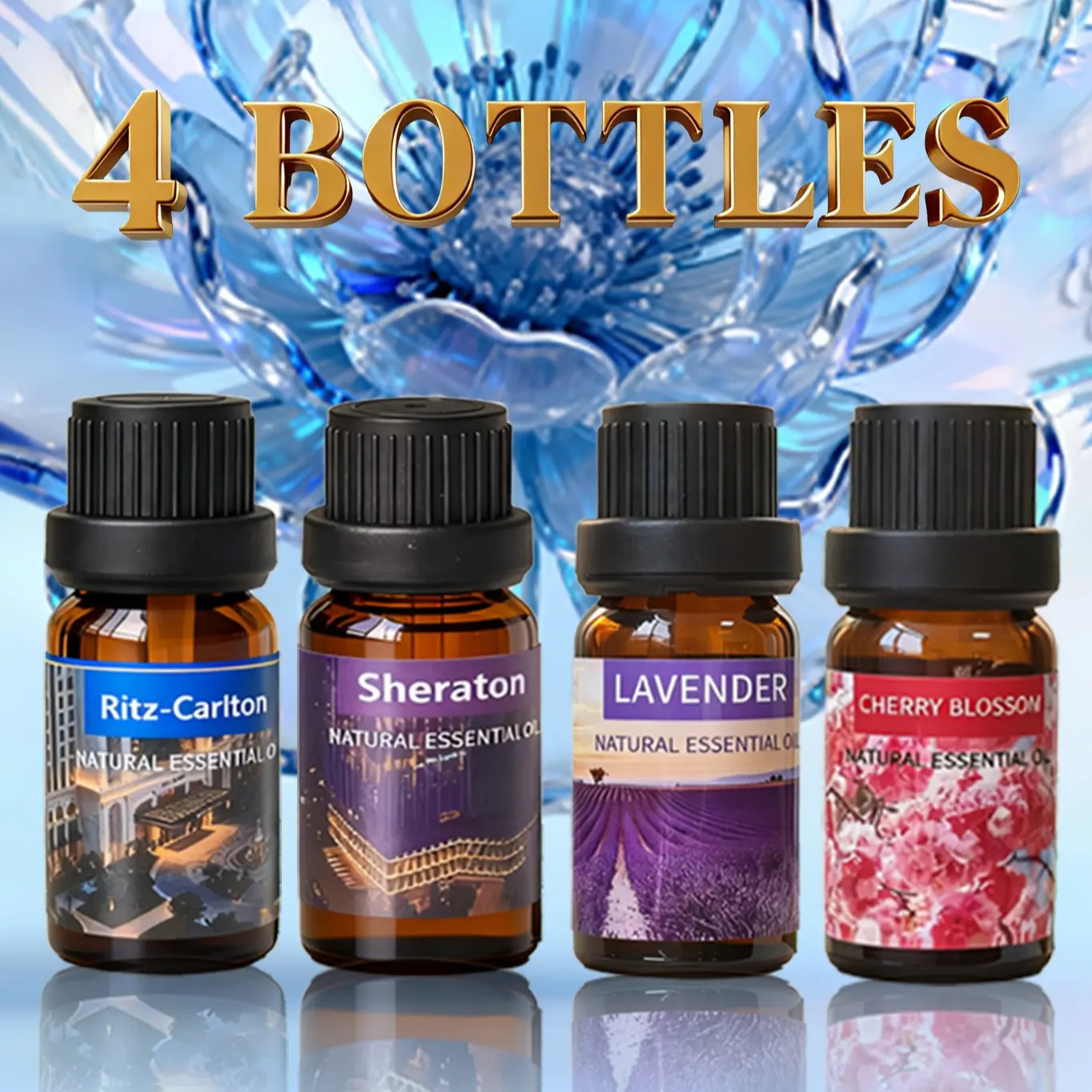 4pcs (Ritz Carlton+Sheraton+Lavender+Sakura) 10ML Natural Aromatherapy Essential Oil, Yoga Oil for Humidifiers & Diffusers, Fruit Floral Scented Oil for Living Room & Bathroom Deodorizer Aromatic Scent