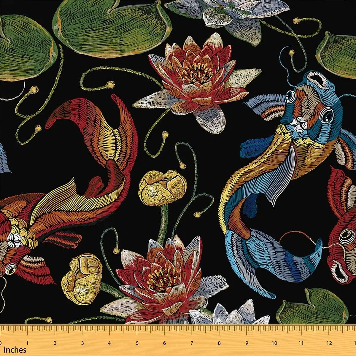 Oriental Chinese Fabric by The Yard,10 Yards,Classic Embroidery Theme Upholstery Fabric,Koi Fish and Water Lily Print Decorative Waterproof Fabric, Durable Fabric, 10Yds Length
