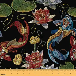 Oriental Chinese Fabric by The Yard,10 Yards,Classic Embroidery Theme Upholstery Fabric,Koi Fish and Water Lily Print Decorative Waterproof Fabric, Durable Fabric, 10Yds Length