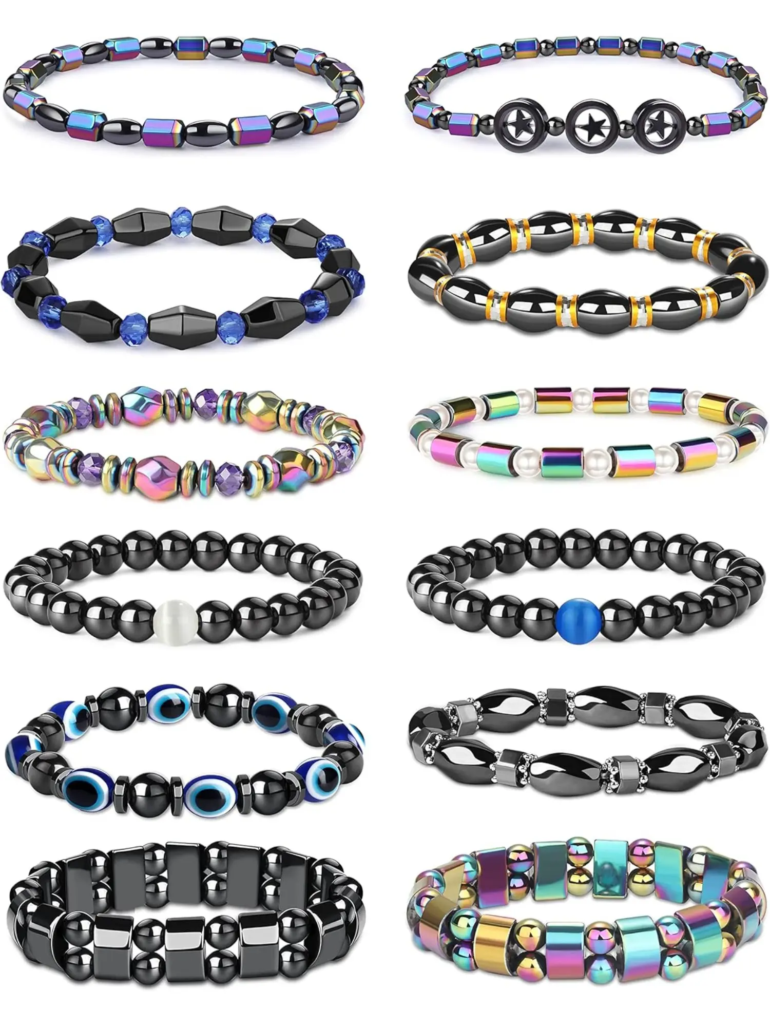 Unique 12 Pcs Colorful Hematite Magnetic Bracelets Set Alloy Magnetic Ankle Bracelets for Men Women Circle Star Rainbow Magnet Stone Bracelets Bracelet Sets