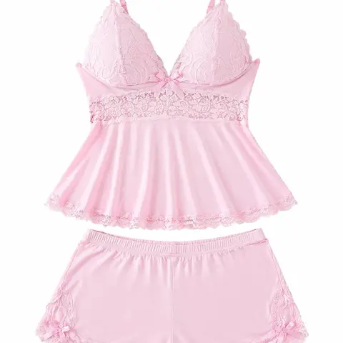 sohochic Women's 2-Piece Casual Pajamas & Loungewear Set - Soft Lace Trim Lightweight Polyester Cami with Spaghetti Straps, Above-the-Knee Shorts, Cozy Homewear, Dreamy Lounge Wear Pjs, Loungewear Goals, Pjs All Day