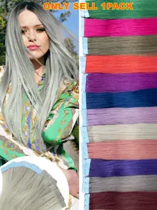 10PCS/Pack Rainbow Colorful Mini Tape In Hair Extensions Human Hair,Straight Natural Hair Extensions,3*0.8cm Small Invisible Tape In Hair Extensions Add Volume/Highlight Hair Looking For Women/Girls,Blue/Purple/Pink/Red/Grey Party/Daily Hair Looking